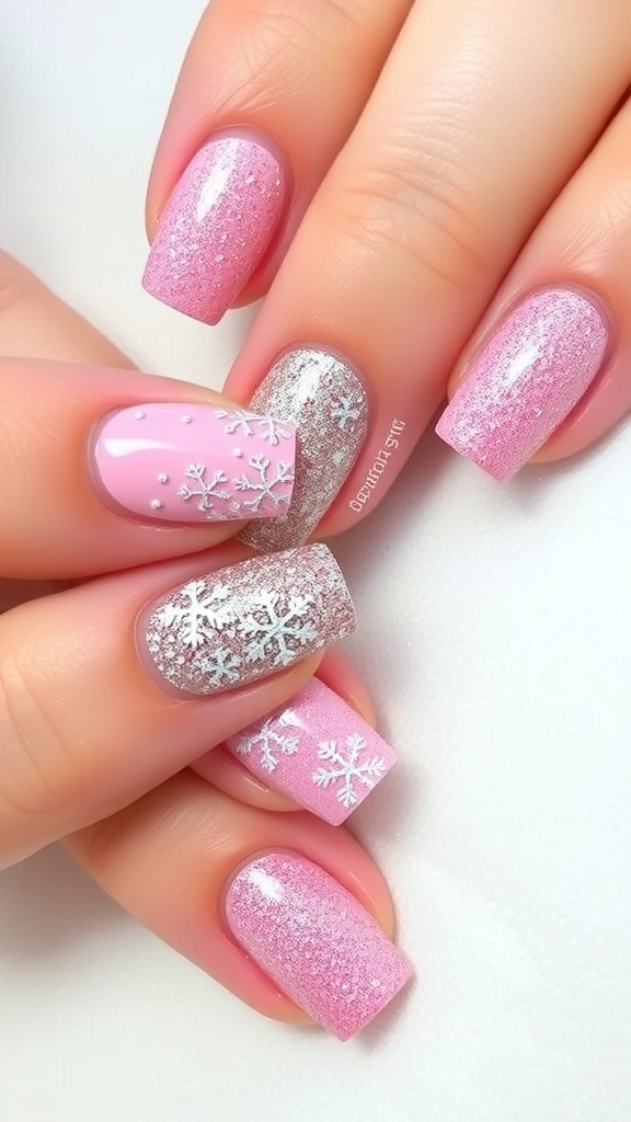 Elegant Pink Christmas Nail Designs Elegant pink Christmas nails with snowflake designs and glitter accents.